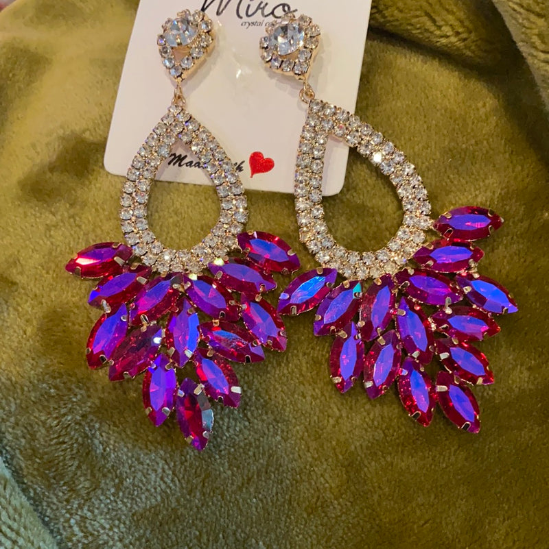 Magenta and rhinestone chandelier earrings