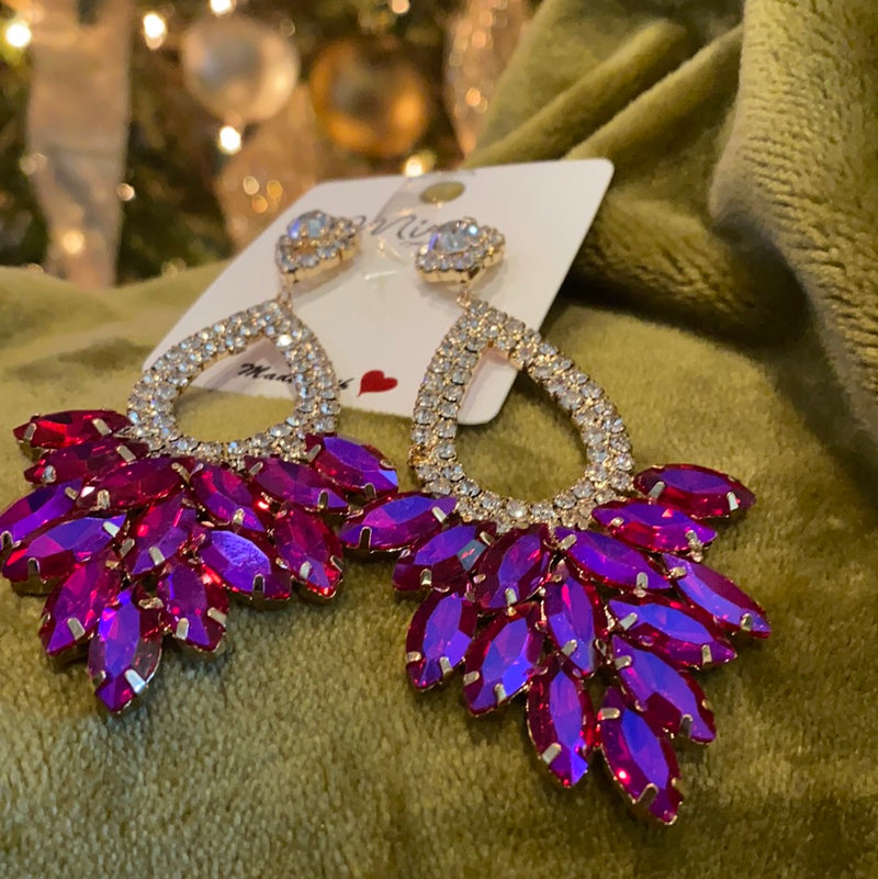 Magenta and rhinestone chandelier earrings